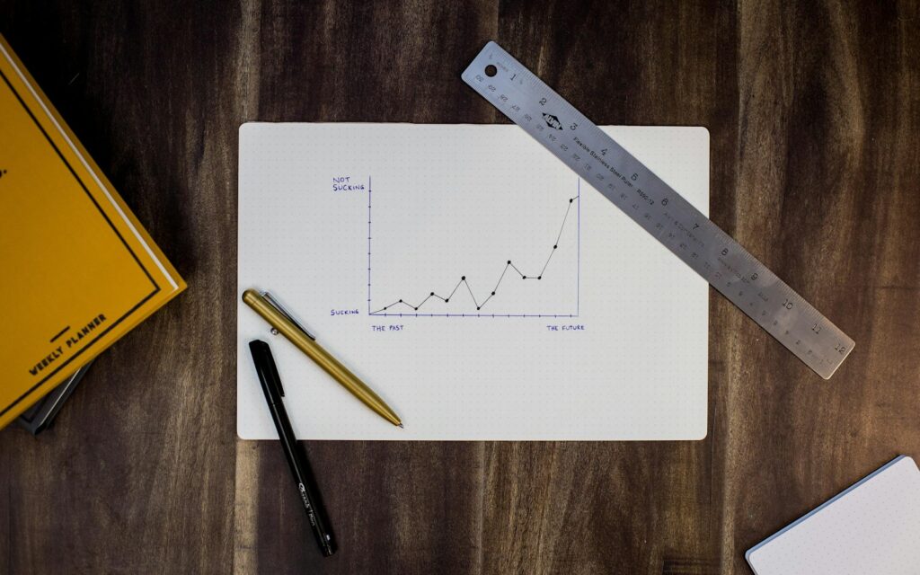 Handgezeichnete Wachstumskurve mit Lineal als Sinnbild für Growth Hacking und Experimente