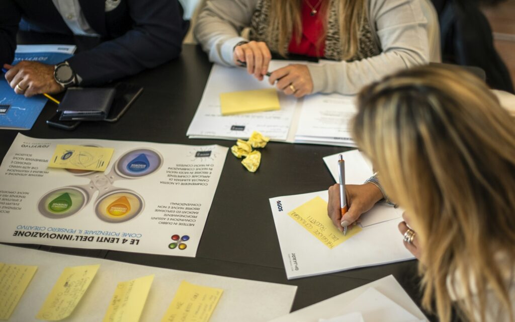 Team plant im Workshop die Customer Journey Phasen mit Unterlagen am Tisch