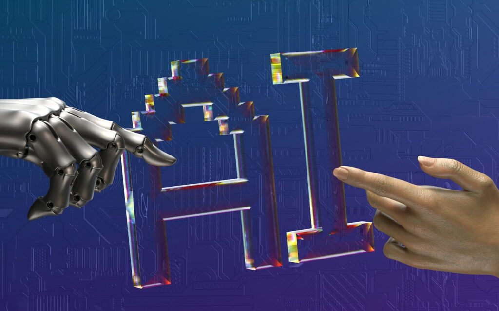 Roboterhand und Menschenhand symbolisieren das KI-Agenten erstellen mit menschlicher Kontrolle
