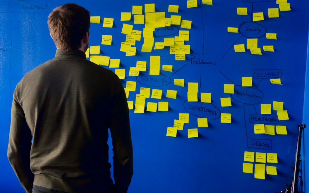 Gründer betrachtet Wand mit Haftnotizen für seinen Lean Canvas