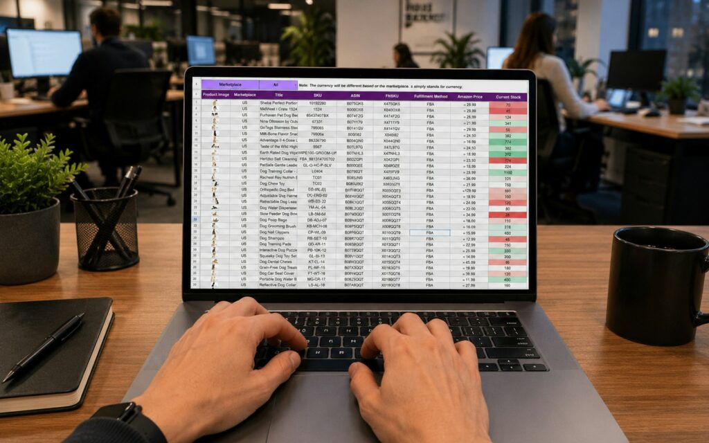 Marketingplan-Vorlage: Hände tippen am Laptop mit geöffneter Tabelle
